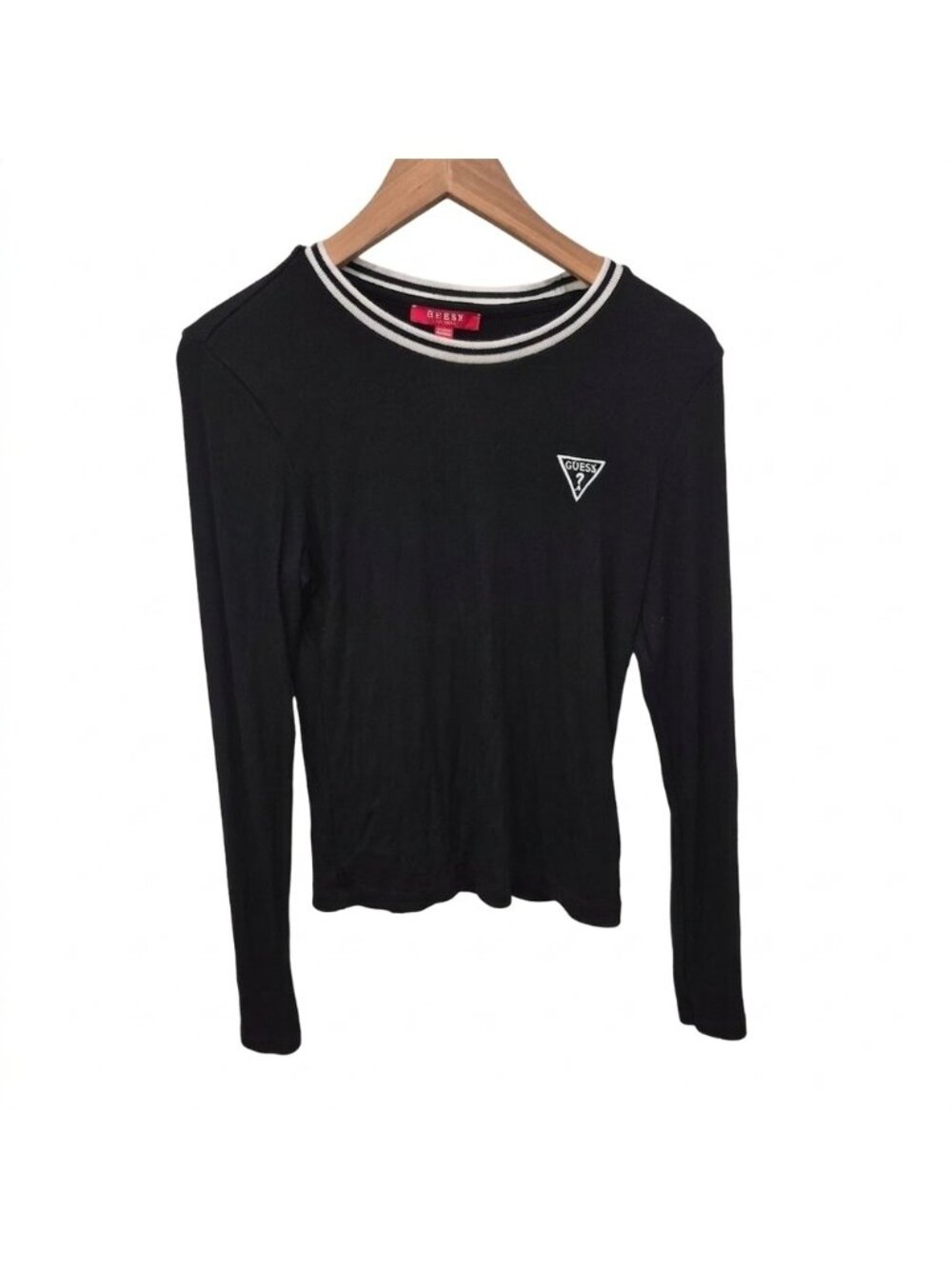 ​Guess Logo Black Ribbed Long Sleeve Top - Stripe Trim Size L